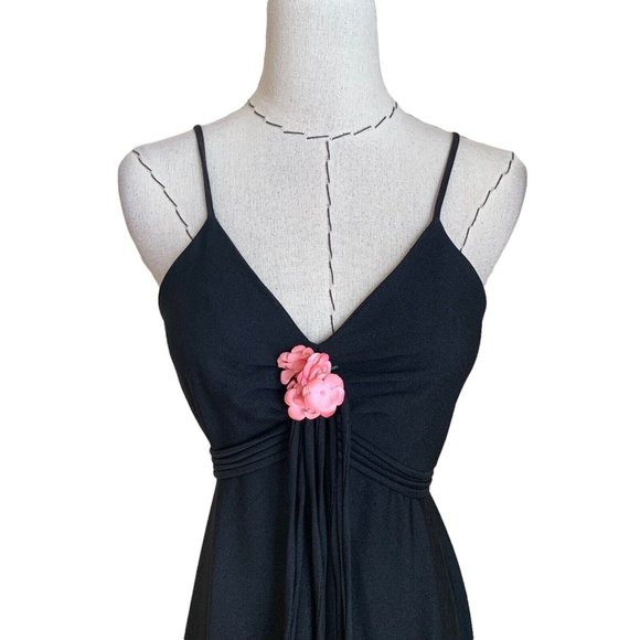 Vintage 70s Black Maxi Dress Poly With Rose Ties Groovy Hippie Hippy Boho - Picture 2 of 12